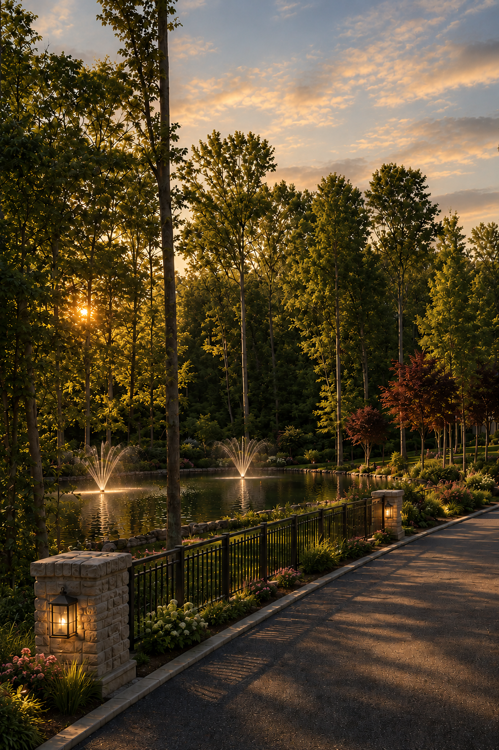 Stone bridge crossing a retention pond with fountain at the entrance to the community